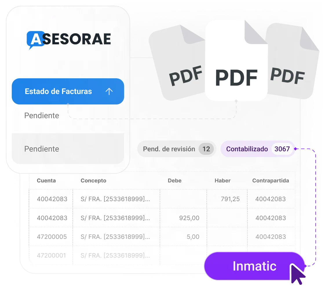 Facturas en PDF que pasan de la plataforma de Asesorae a Inmatic y quedan contabilizadas