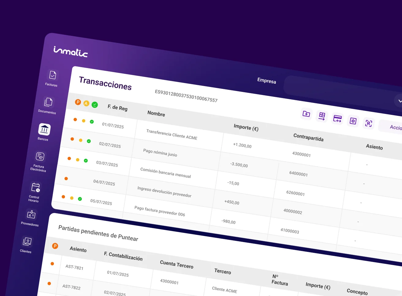 Pantalla de transacciones bancarias y partidas pendientes de puntear en Inmatic