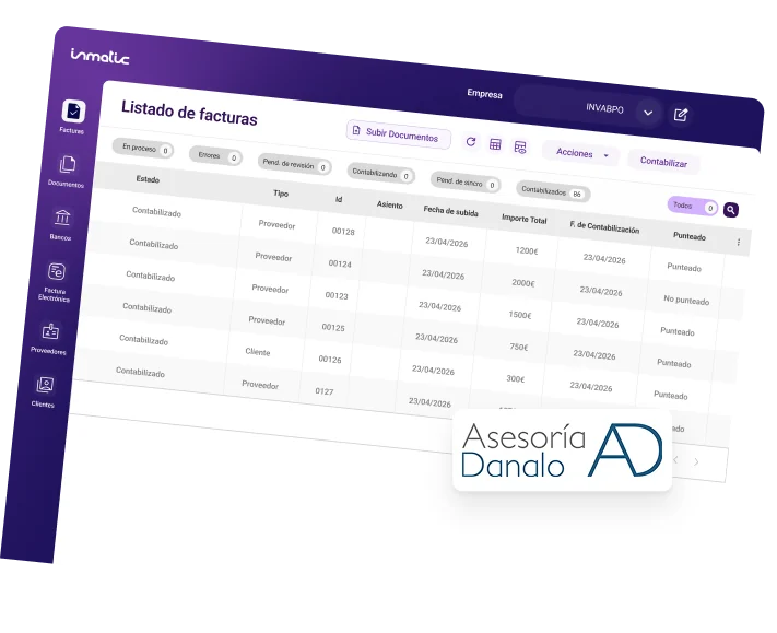 Listado de facturas de Inmatic con el logo de Asesoría Danalo