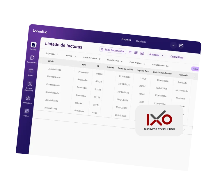 Listado de facturas de Inmatic con el logo de IXO Business Consulting